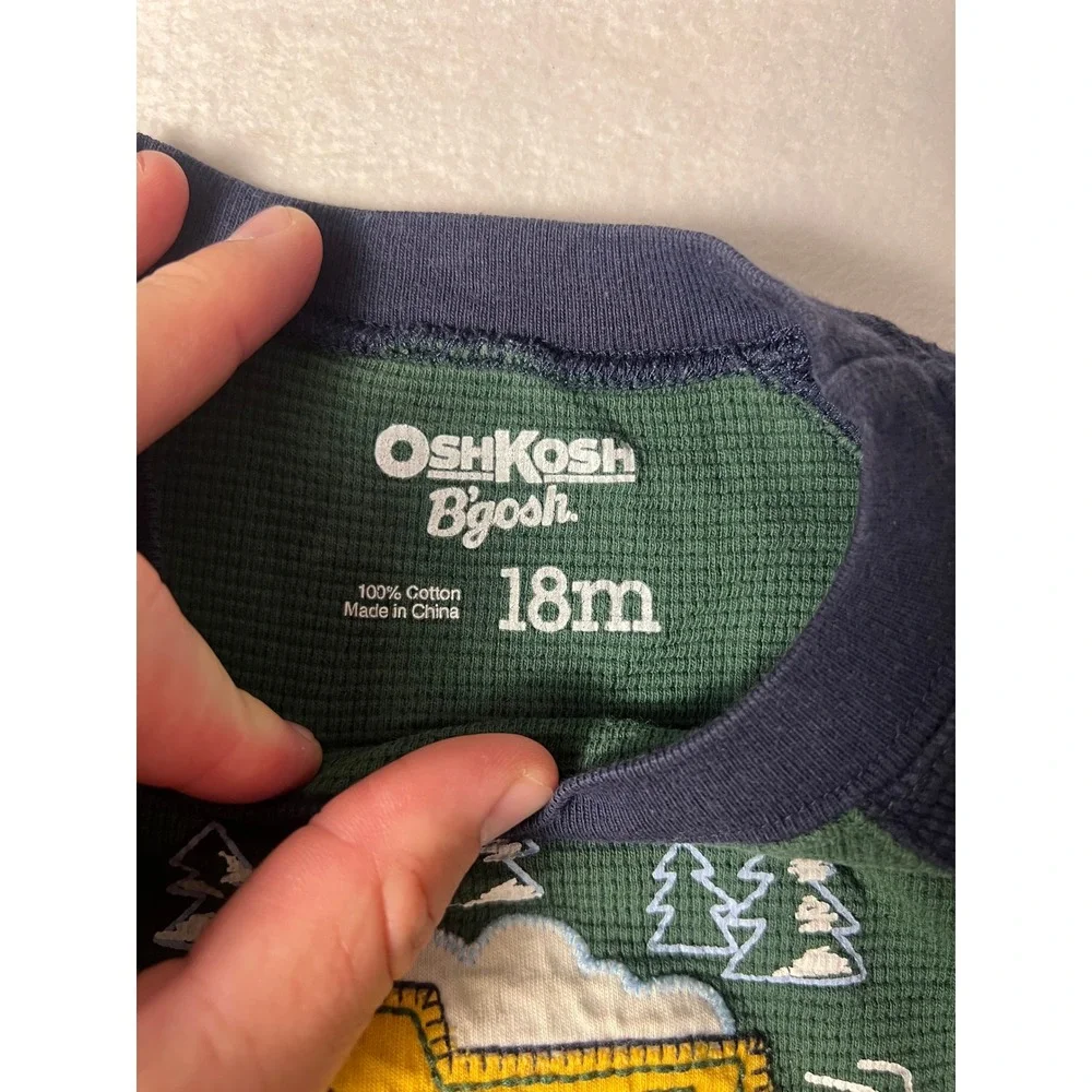 OshKosh B'gosh Bodysuit Baby 18M Green Blue Thermal Dump Truck Raglan LS